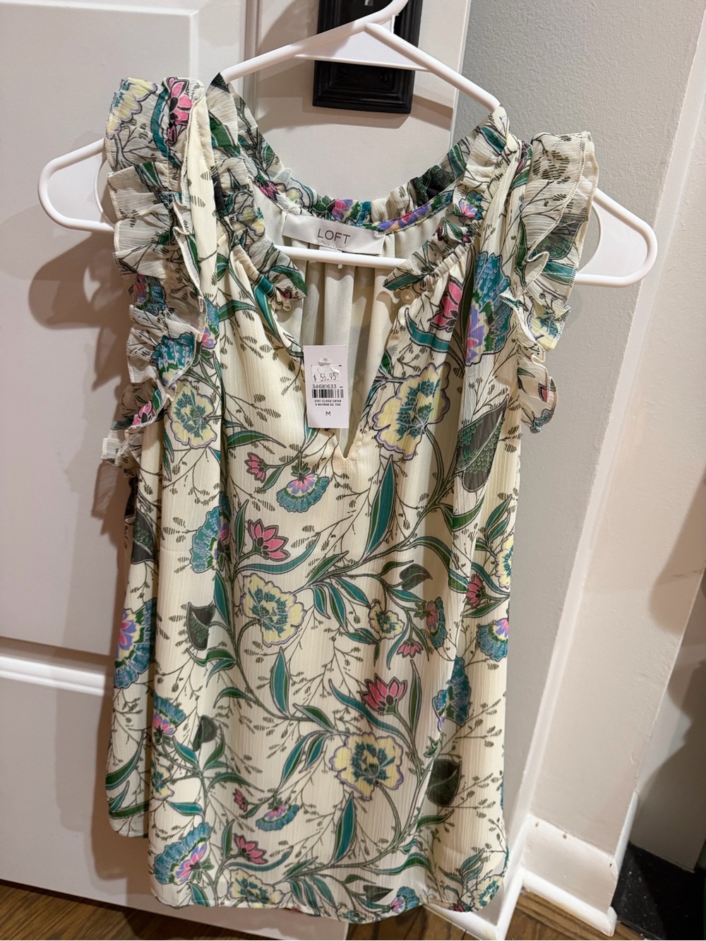 LOFT Cream Floral Ruffle Sleeve Blouse